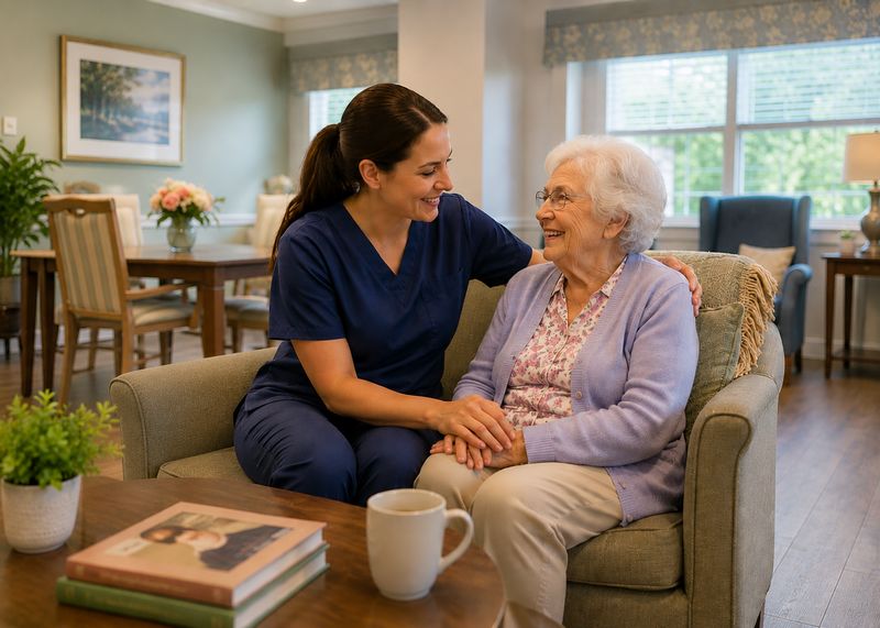 Caring staff with resident at The Waters of New Castle